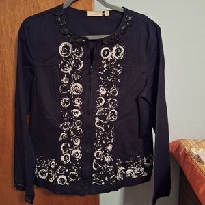 Choices Women's Black Jacket with White Floral Design Full Zip Size M